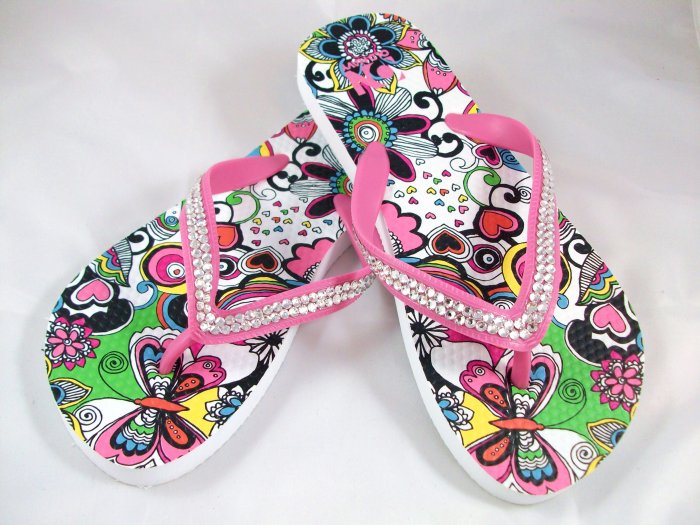 Girl's White/Pink Hearts & Flowers Print Flip Flops - Size 3/4