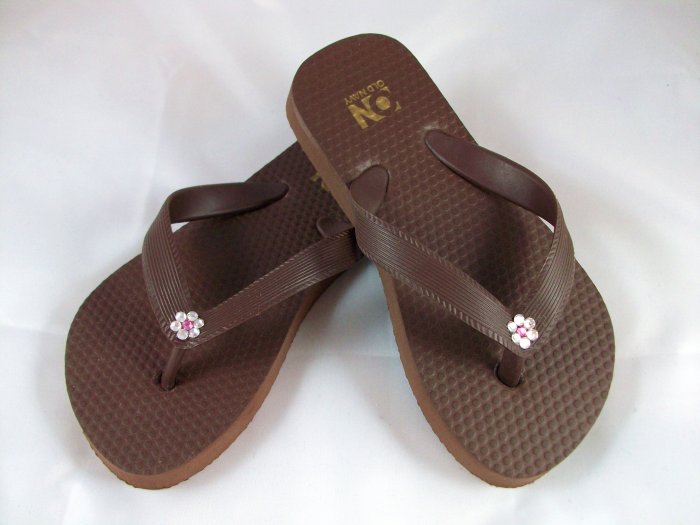 Girl's Brown Flip Flops with Flowers - Size 10/11