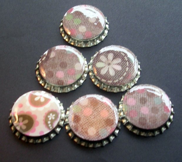 Set of 6 Retro Pink And Brown Prints Bottle Caps Great For Scrapbooking, Hair bows, Necklaces