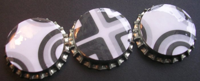 Set of 3 White Black Retro prints Bottle Caps