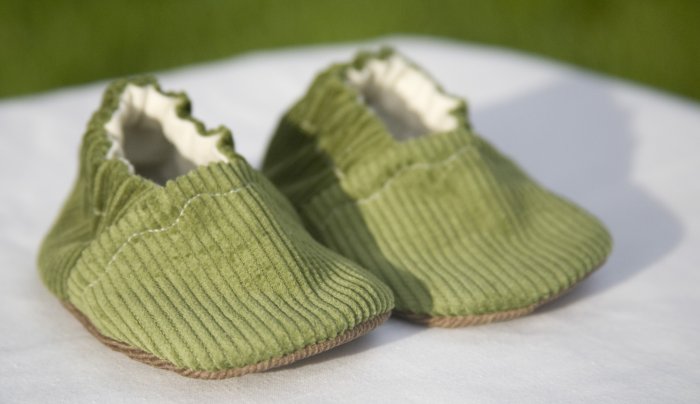 Green Corduroy Baby Booties with ORGANIC Linen Interiors