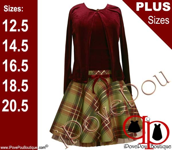 Bonnie Jean Girl PLUS Size 2-Pc RED-BURGUNDY GOLD PLAID Special Occasion Party Dress - 12.5