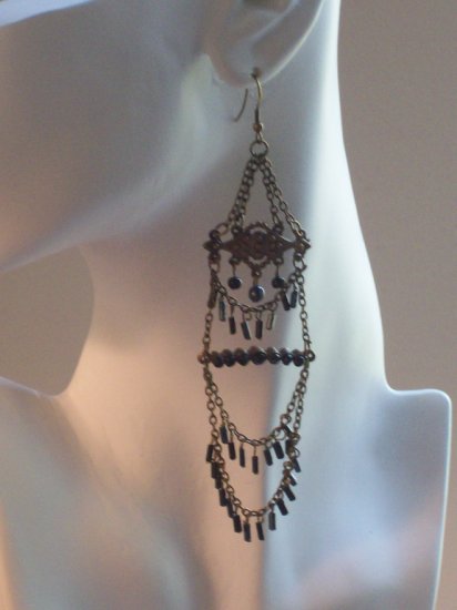 INDIAN HANDMADE CHANDELIER EARRINGS W/ BLACK BEADS