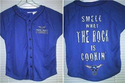 WWE wrestling ROCK blue bull YOUTH size 8 JERSEY SHIRT