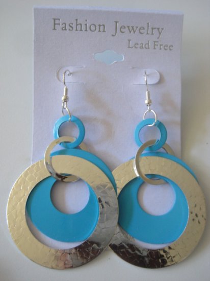 Circles Silvertone & Aqua Blue Earrings