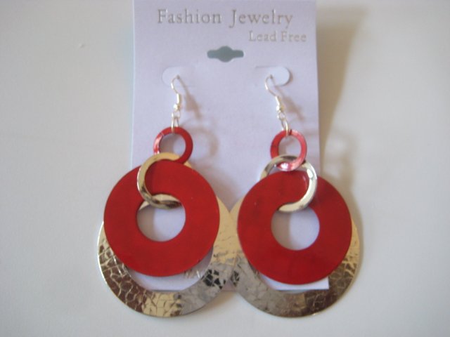 Circles Silvertone & Red Earrings
