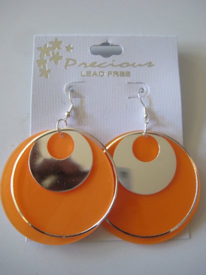 Orange & Silvertone Disk Earrings