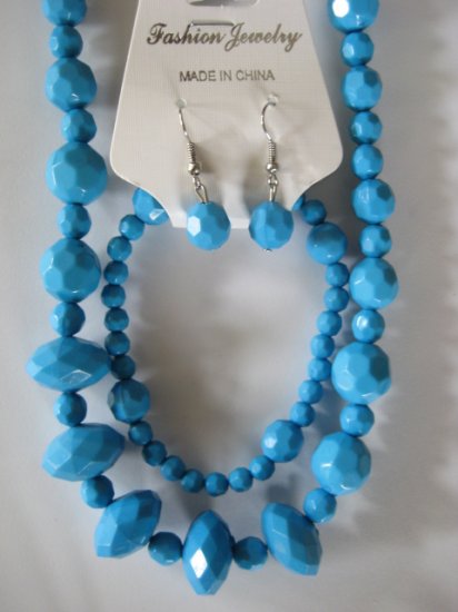 Electric Blue Diamond Cut Necklace & Earring Set w/matching Bracelet