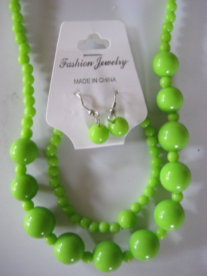 Lime Green Round Beaded Necklace & Earring Set w/matching Bracelet