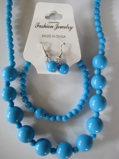 Electric Blue Round Beaded Necklace & Earring Set w/matching Bracelet