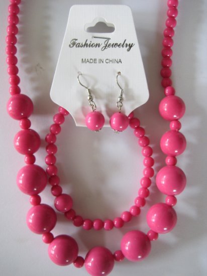 Pink Round Beaded Necklace & Earring Set w/matching Bracelet
