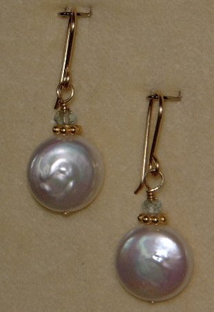 LUSTEROUS WHITE COIN PEARL & BLUE TOPAZ DANGLE EARRINGS