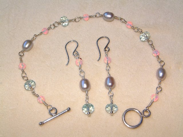 SILVER CULTURED PEARL, OPAL, AQUAMARINE STERLING SILVER EARRINGS & BRACELET SET