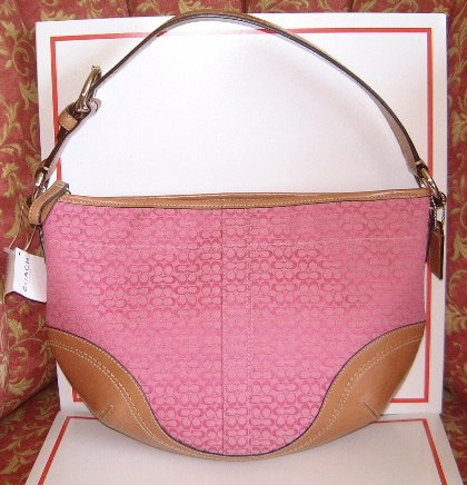 AUTHENTIC COACH SOHO PINK SIGNATURE "C" FABRIC & LEATHER HOBO HANDBAG PURSE STYLE #10924