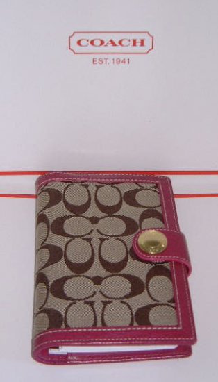 Authentic Coach Signature Khaki w/ Raspberry Pink Leather 4x7 Planner 08/09