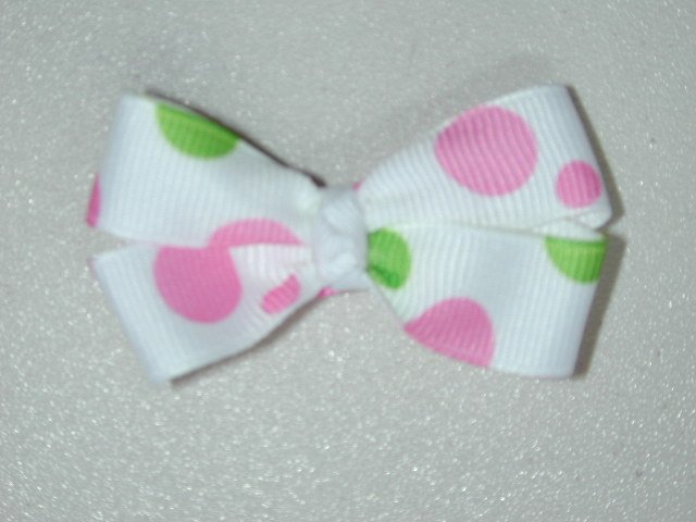 2" baby bow - white w/ pink & green dots