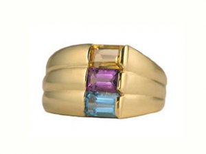 10K Gold Amethyst, Blue Topaz, Citrine Multi Gemstone Ring