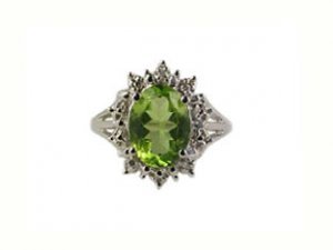 Peridot Gem Stone Ring and Diamonds, 10K White Gold