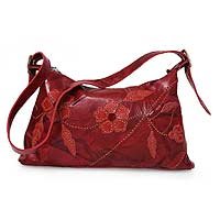Leather shoulder bag, 'Floral Fire' 130736