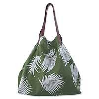 Cotton and leather handbag, 'Forest Delight' 153026