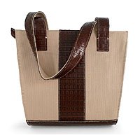 Leather and canvas handbag, 'Harmony of Brown' 181485