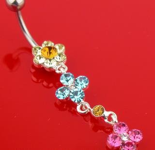 Crystal Multiple Flower Dangle Belly Button Navel Ring Bar (648)