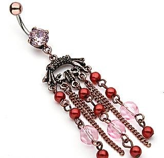 Vintage Look Pink Gem Red Faux Pearl Pink Bead Dangle Belly Button Navel Ring Bar (0171)