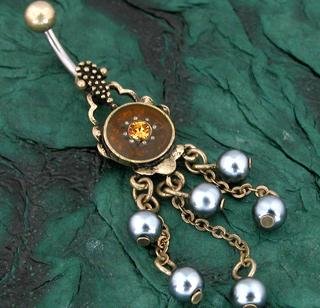 Vintage Look Shield Topaz Color Gem Silver Faux Pearl Dangle Belly Button Navel Ring Bar (3676)