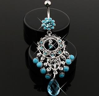 Faux Turquoise Blue Gem Briolette Dangle Flower Heart Belly Button Navel Ring Bar (5045)