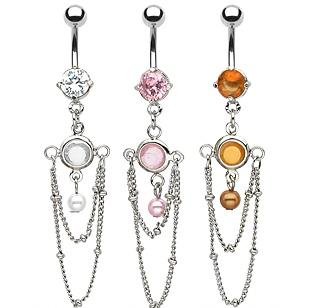 Clear Gem White Faux Pearl Bead Chain Drape Dangle Belly Button Navel Ring Bar (6316)