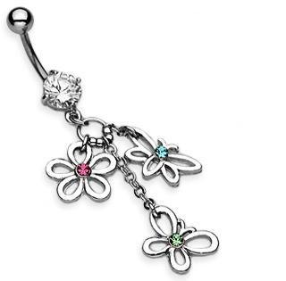 Gem Dragonfly Flower Butterfly Dangle Navel Belly Button Ring Bar (0109)