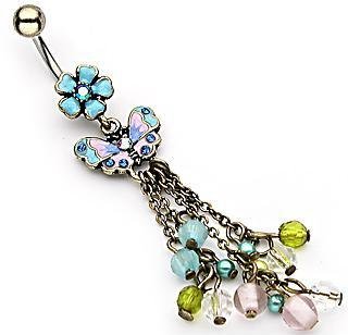 Gem Flower Butterfly Bead Dangles Belly Button Navel Ring Bar (0169)