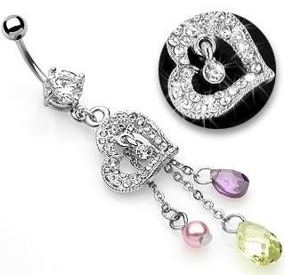 Pave Heart Charm Briolette Faux Pearl Dangle Belly Button Navel Ring Bar 14 gauge 3/8 (5900)