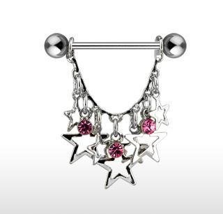 Pink Gem & Star Dangle Nipple Shield Ring Bar Barbell 14 gauge (646)