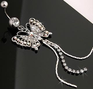 Butterfly Gem Line Chain Dangles Navel Belly Button Ring Bar (5186)