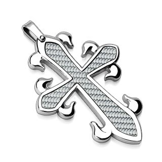 Stainless Steel White Carbon Fiber Tribal Cross Pendant (7001)