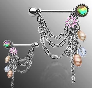 Set of 2 Flower with Bead Drop Nipple Shields Rings Bars Shield Ring Bar Barbell (0025)