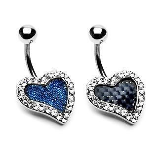 Clear Gem Pave' Real Denim Heart Navel Belly Button Ring Bar (7407)
