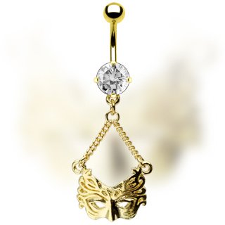 Masquerade Ball Mask Gold Plated CZ Navel Belly Button Ring Bar (0902)