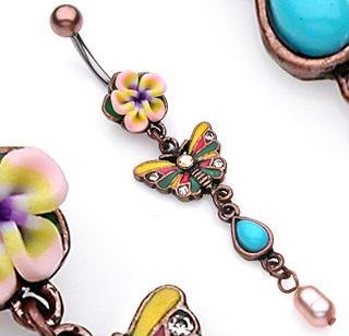 Vintage Look Flower Butterfly Faux Pearl Dangle Belly Button Navel Ring Bar (3755)