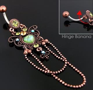 Vintage Style Butterfly with Heart Gem Navel Belly Button Ring Bar (3888)