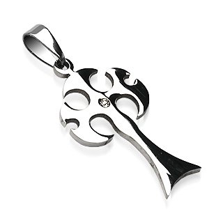 Stainless Steel Gothic Tribal Cross with Clear Gem Pendant (7353)