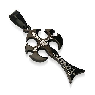 Black Stainless Steel Etched Tribal Gothic Cross Pendant (7360)