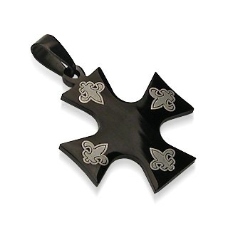 Black Stainless Steel Fleur de Lis Iron Celtic Cross Pendant (7363)