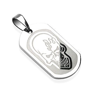 Stainless Steel Flaming Skull Tribal Etched Pendant Flame (7242)