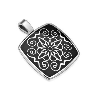 Square Stainless Steel Lotus Flower Inlay Black Pendant (7022)