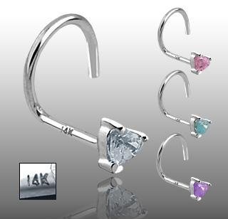 14k White Gold Nose Screw with Pink Heart CZ 20 gauge Stud Ring Bone Spiral (GDWQ06)