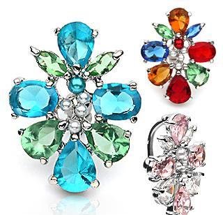 Blue Green Gem Cluster Reverse Dangle Belly Button Navel Ring Bar 14 gauge (6508)