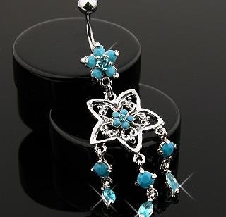 Floral Faux Turquoise Belly Button Navel Ring Bar with Gem Dangles 14 gauge (5033)