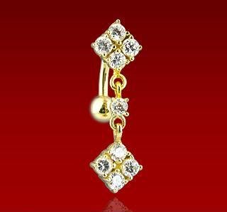 14k Yellow Gold Reverse Dangle Double Diamond Design Belly Button Navel Ring Bar (GDN036)